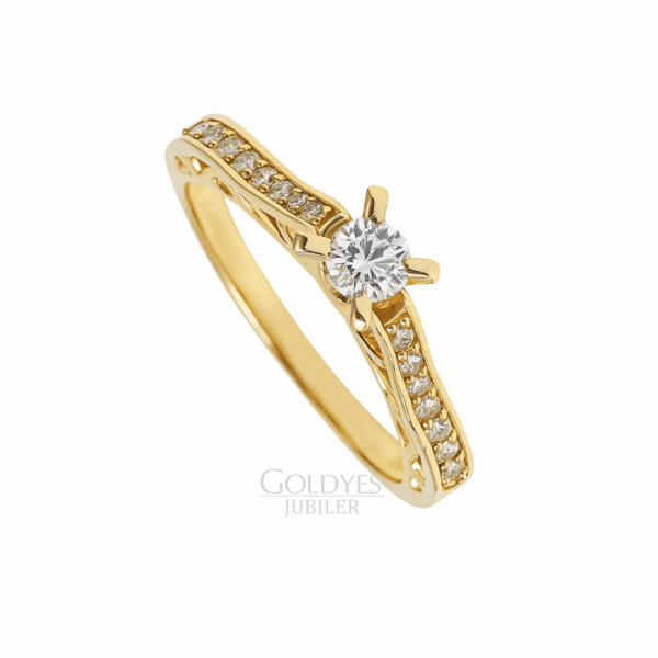 Złoty pierścionek z brylantem i diamentami próby złota 585