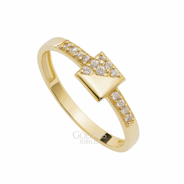 Złoty pierścionek z cyrkoniami kwadrat próba złota 585