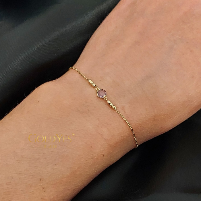 Złota bransoletka z fioletową cyrkonią próba złota 585 - obrazek 4