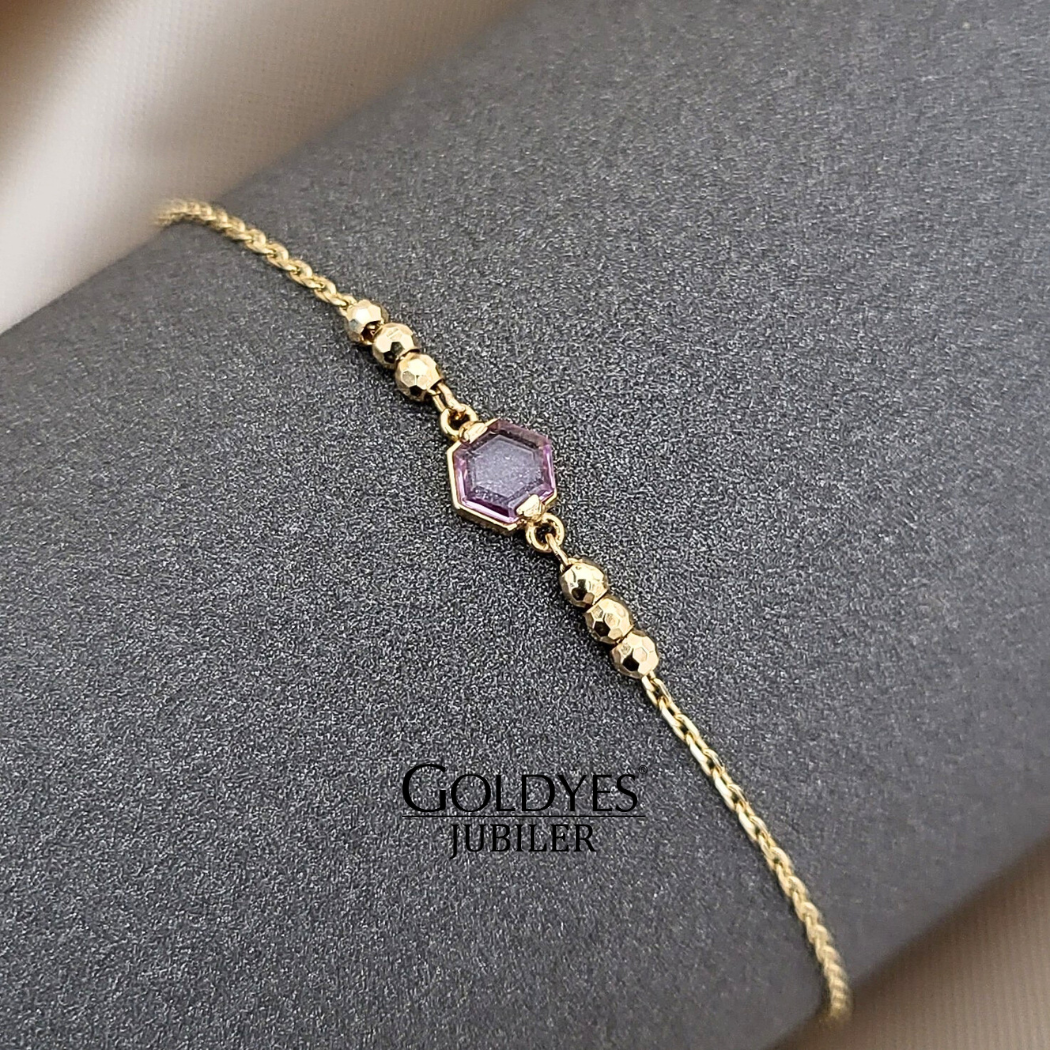 Złota bransoletka z fioletową cyrkonią próba złota 585