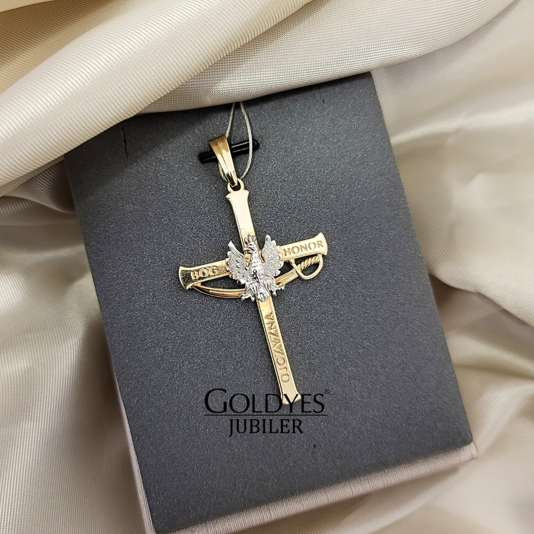 Złota zawieszka krzyżyk z napisami Bóg Honor Ojczyzna próby złota 585 - obrazek 2