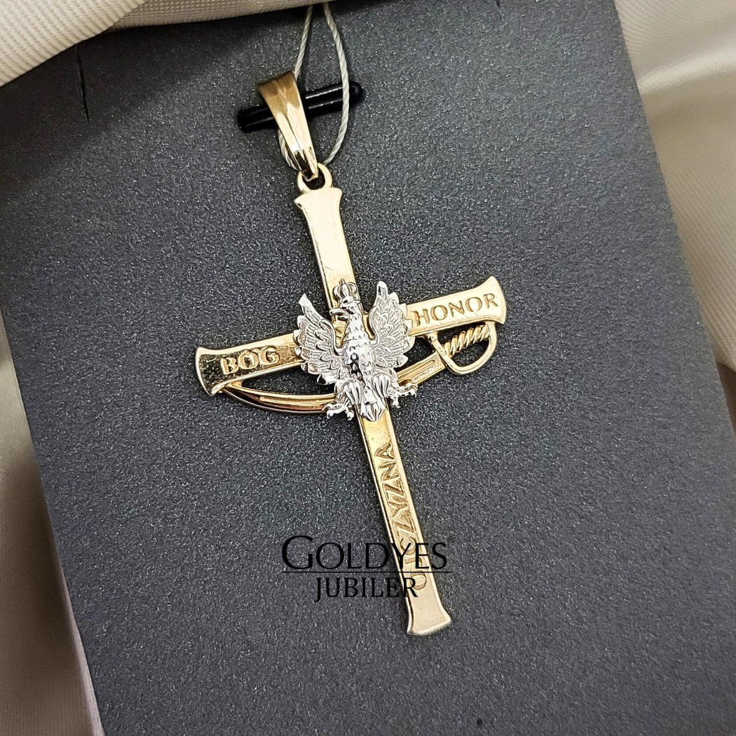 Złota zawieszka krzyżyk z napisami Bóg Honor Ojczyzna próby złota 585
