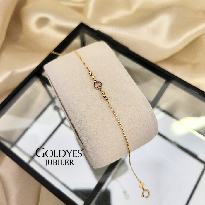 Złota bransoletka z fioletową cyrkonią próba złota 585 - obrazek 5