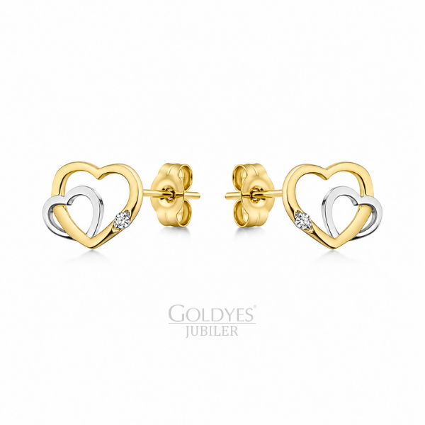 Złote kolczyki serca z cyrkoniami próby 585 14k