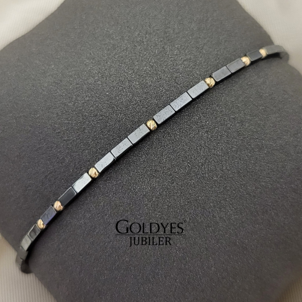 złota bransoletka na czarnym sznureczku kamień hematyt próba złota 585