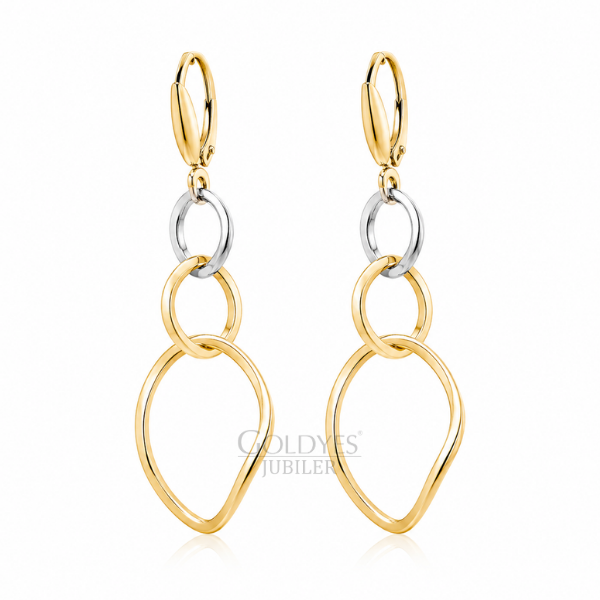 Złote kolczyki dwukolorowe wiszące próby złota 585 14k