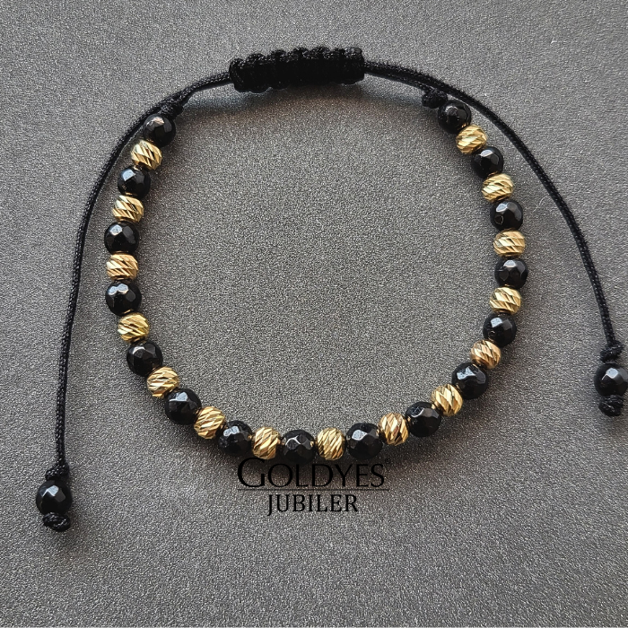złota bransoletka na czarnym sznureczku z diamentowanymi kulkami próba złota 585 - obrazek 3