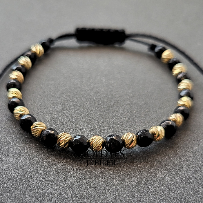 złota bransoletka na czarnym sznureczku z diamentowanymi kulkami próba złota 585 - obrazek 2