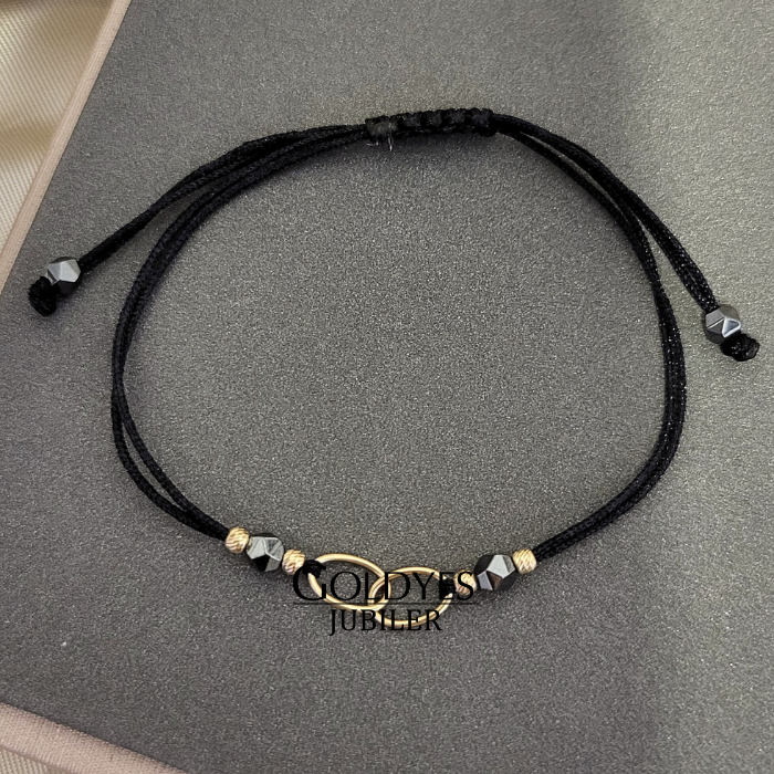 złota bransoletka na czarnym sznureczku z diamentowanymi kulkami próba złota 585 - obrazek 3