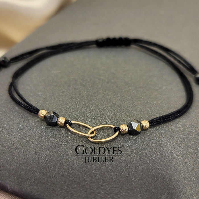 złota bransoletka na czarnym sznureczku z diamentowanymi kulkami próba złota 585 - obrazek 2