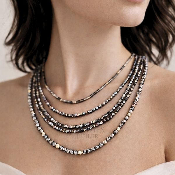 Złoty łańcuszek naszyjnik hematyt złote kulki próba złota 585