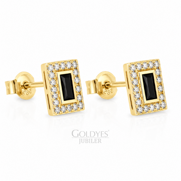 Złote kolczyki prostokąty z czarnymi cyrkoniami próba 585