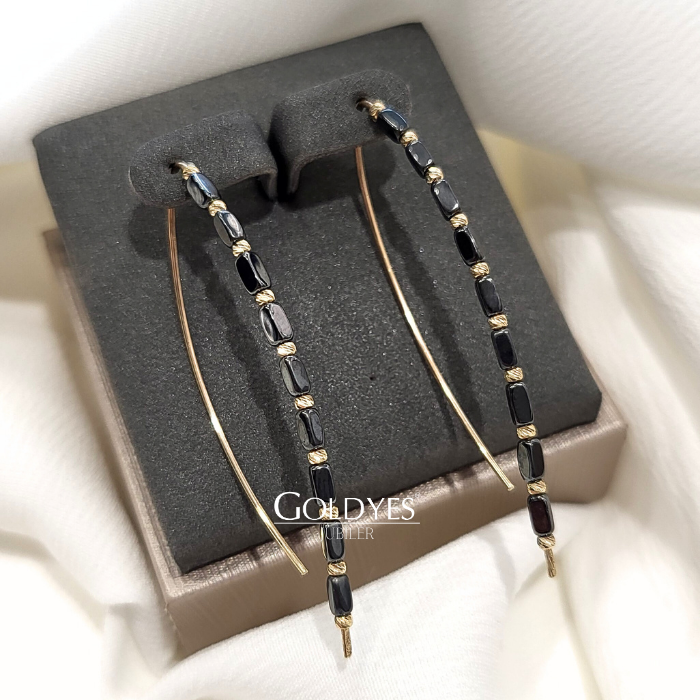 Złote kolczyki + zawieszka + łańcuszek z naturalnymi kamieniami hematyt próby złota 585 - obrazek 5