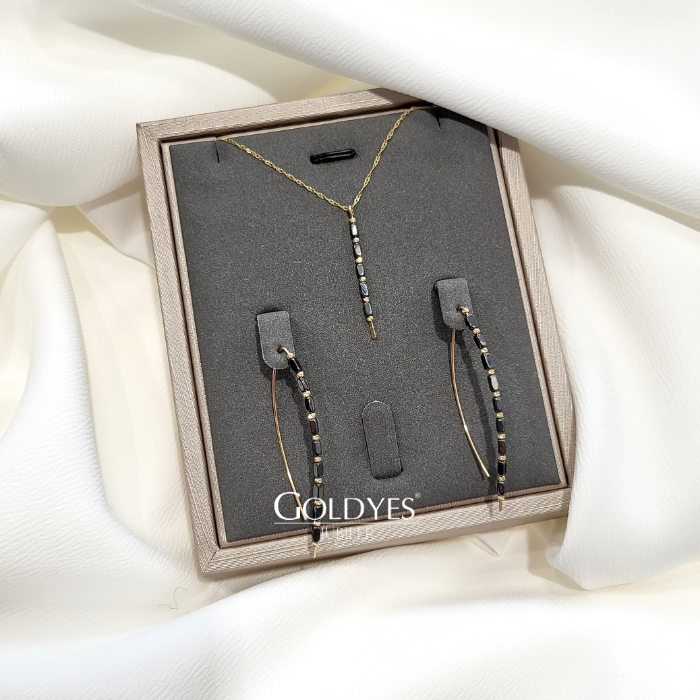 Złote kolczyki + zawieszka + łańcuszek z naturalnymi kamieniami hematyt próby złota 585 - obrazek 3