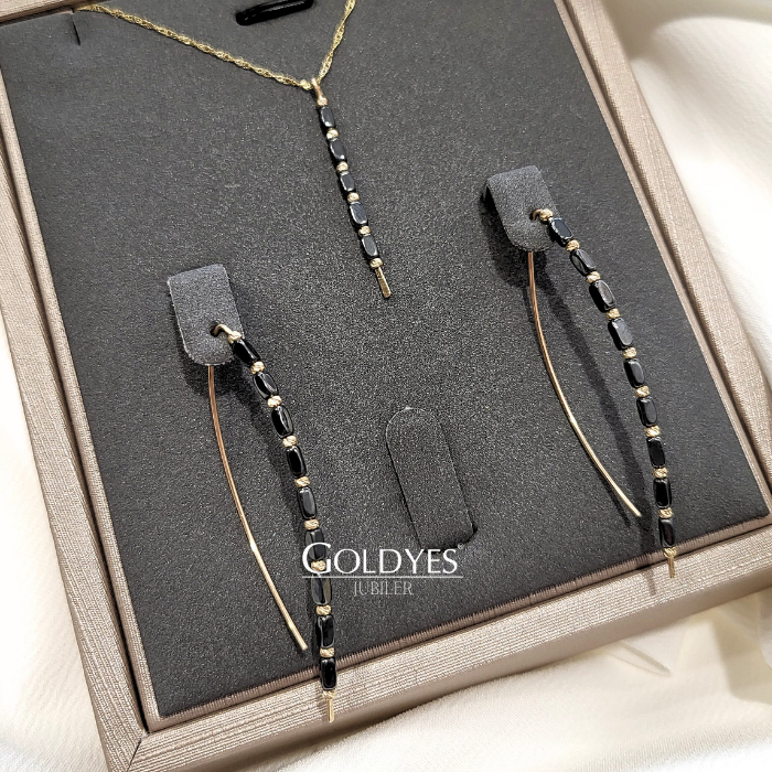 Złote kolczyki + zawieszka + łańcuszek z naturalnymi kamieniami hematyt próby złota 585