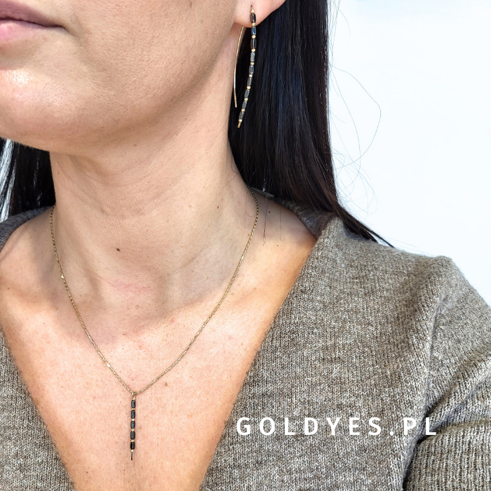 Złote kolczyki + zawieszka + łańcuszek z naturalnymi kamieniami hematyt próby złota 585 - obrazek 2