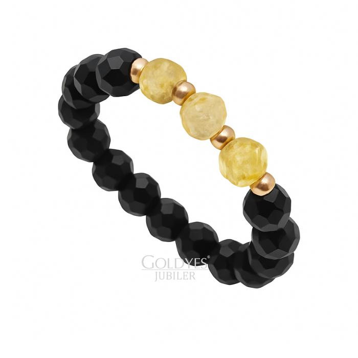 złoty pierścionek z naturalnym czarnym turmalinem i cytrynem diamentowane kulkami próby złota 585