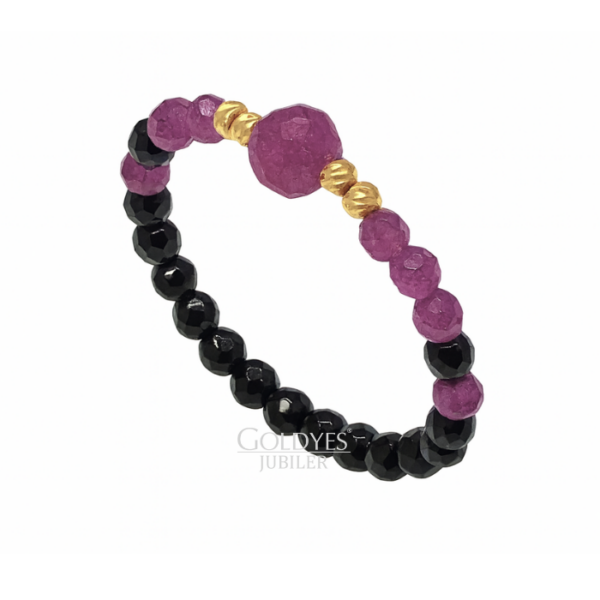 złoty pierścionek z naturalnym czarnym turmalinem i rubinem diamentowane kulkami próby złota 585