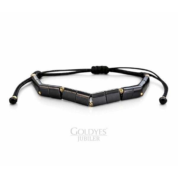 złota bransoletka na czarnym sznurku kamień hematyt próba złota 585