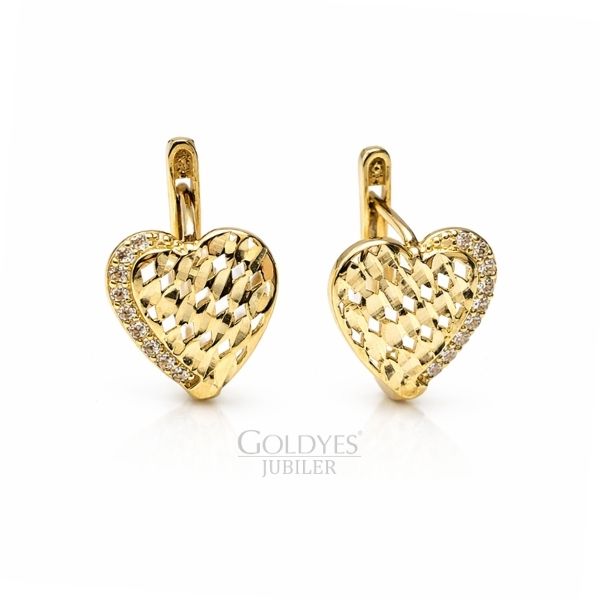 Złote kolczyki serca diamentowane z cyrkoniami próby złota 585 14k